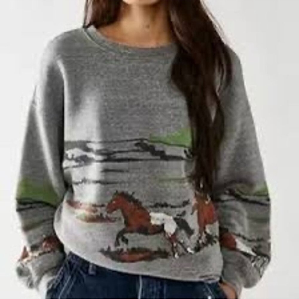 DAYDREAMER Gray Oversized Running Horses Long Sleeve Crewneck Sweatshirt sz XL